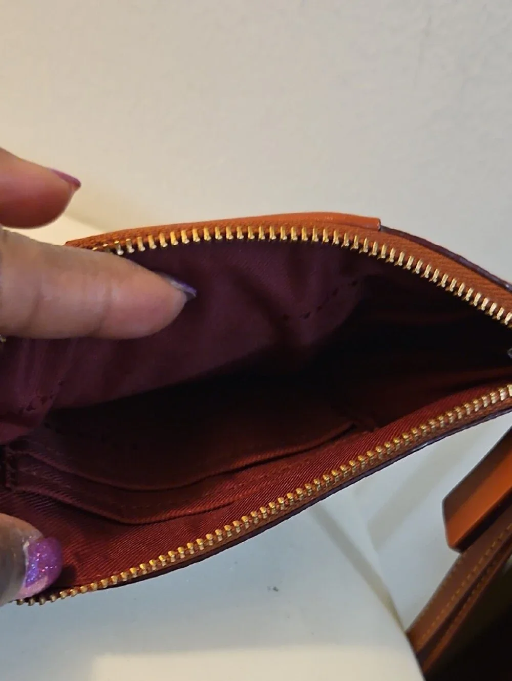 Coach Tan Signature Canvas and Rust Leather Large Wristlet, Card Slots